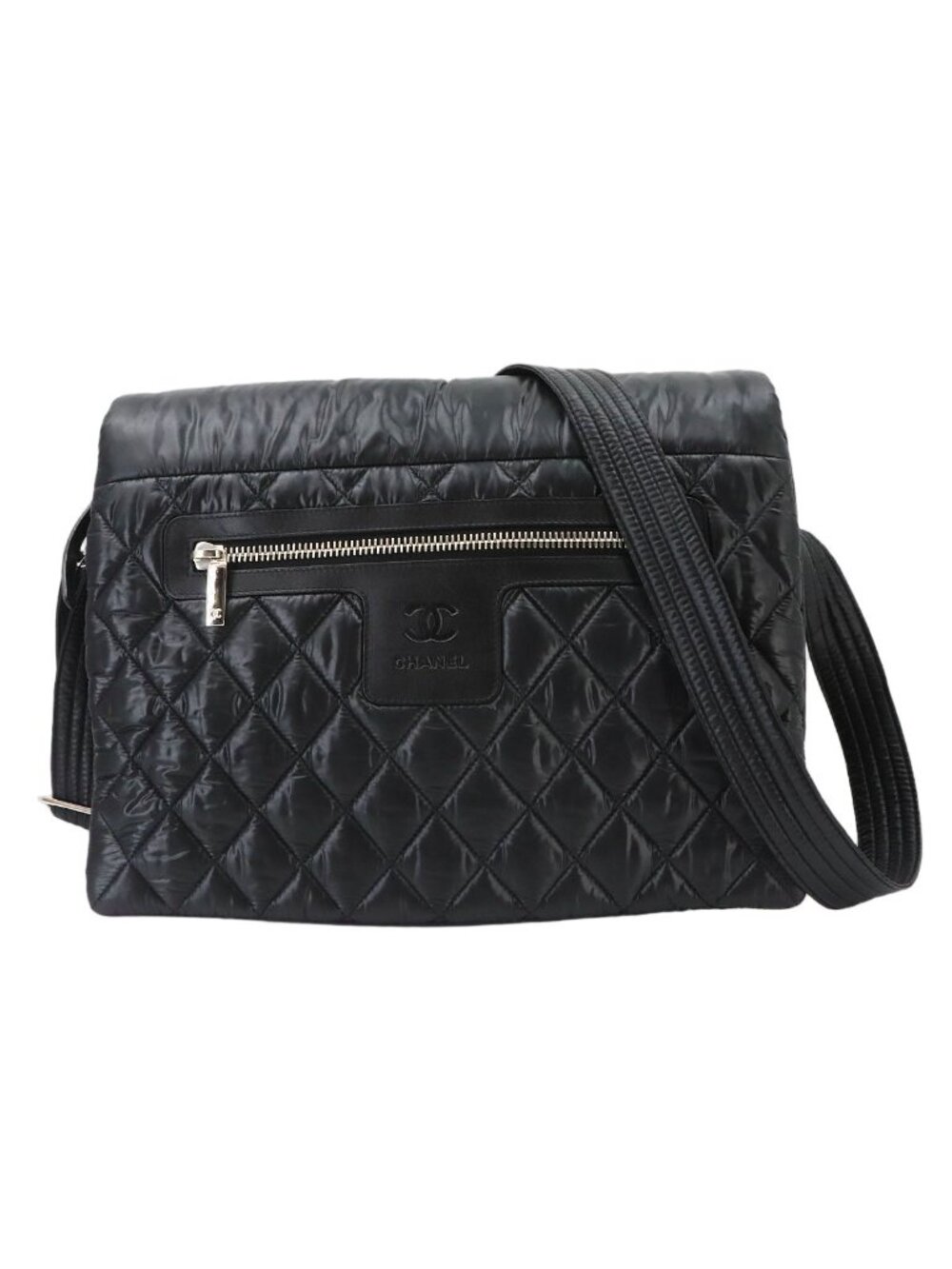 Chanel Coco Cocoon Medium Shoulder Bag Nylon Leather Black Silver